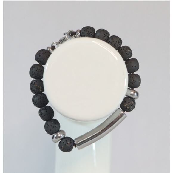 Bohemian Bracelet Silver Tone Chain Lava Stone Black Beads Lobster Claw Clasp - Picture 3 of 8